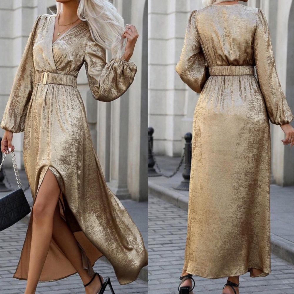 Luxe Gold Metallic Surplice Belted party Holiday Evening Dress - Picture 2 of 4